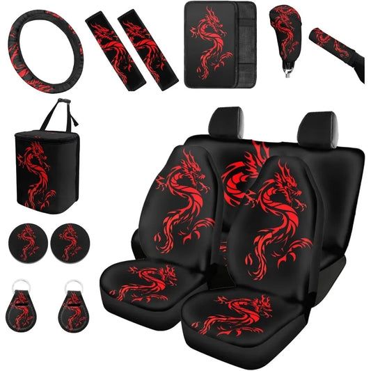 Red Dragon Car Seat Covers Set with Steering Wheel Cover