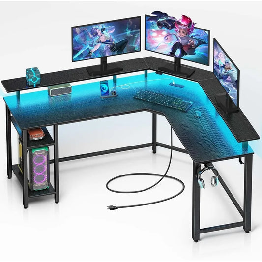 L Shaped Gaming Desk With Built In Power Outlets LED