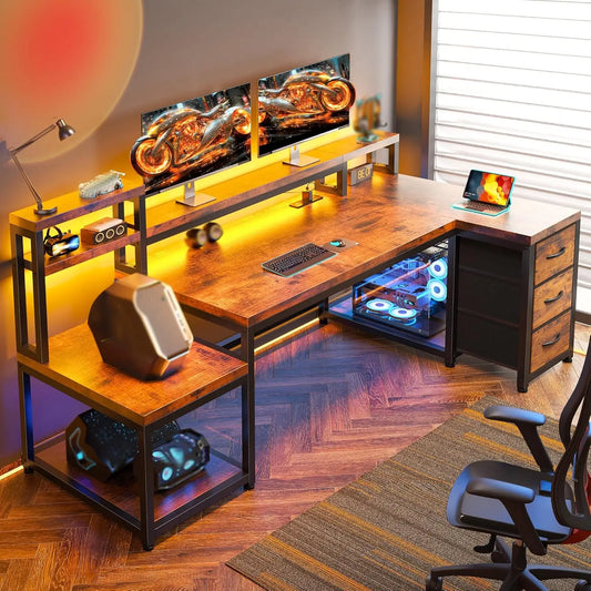 High-Concerned L-Shaped Computer Desk With Hutch And LED Lighting